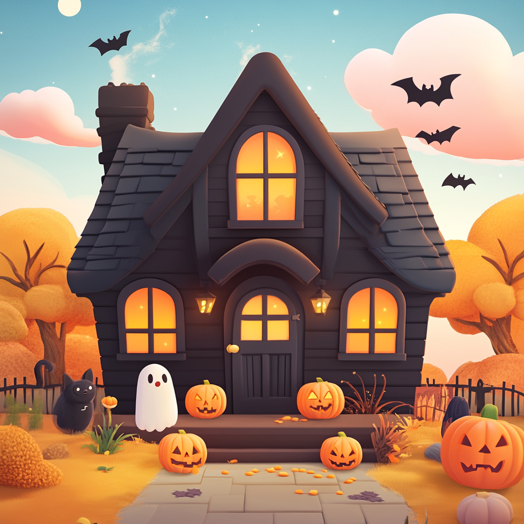 Cute Cartoon Halloween House with Friendly Ghost and Pumpkins