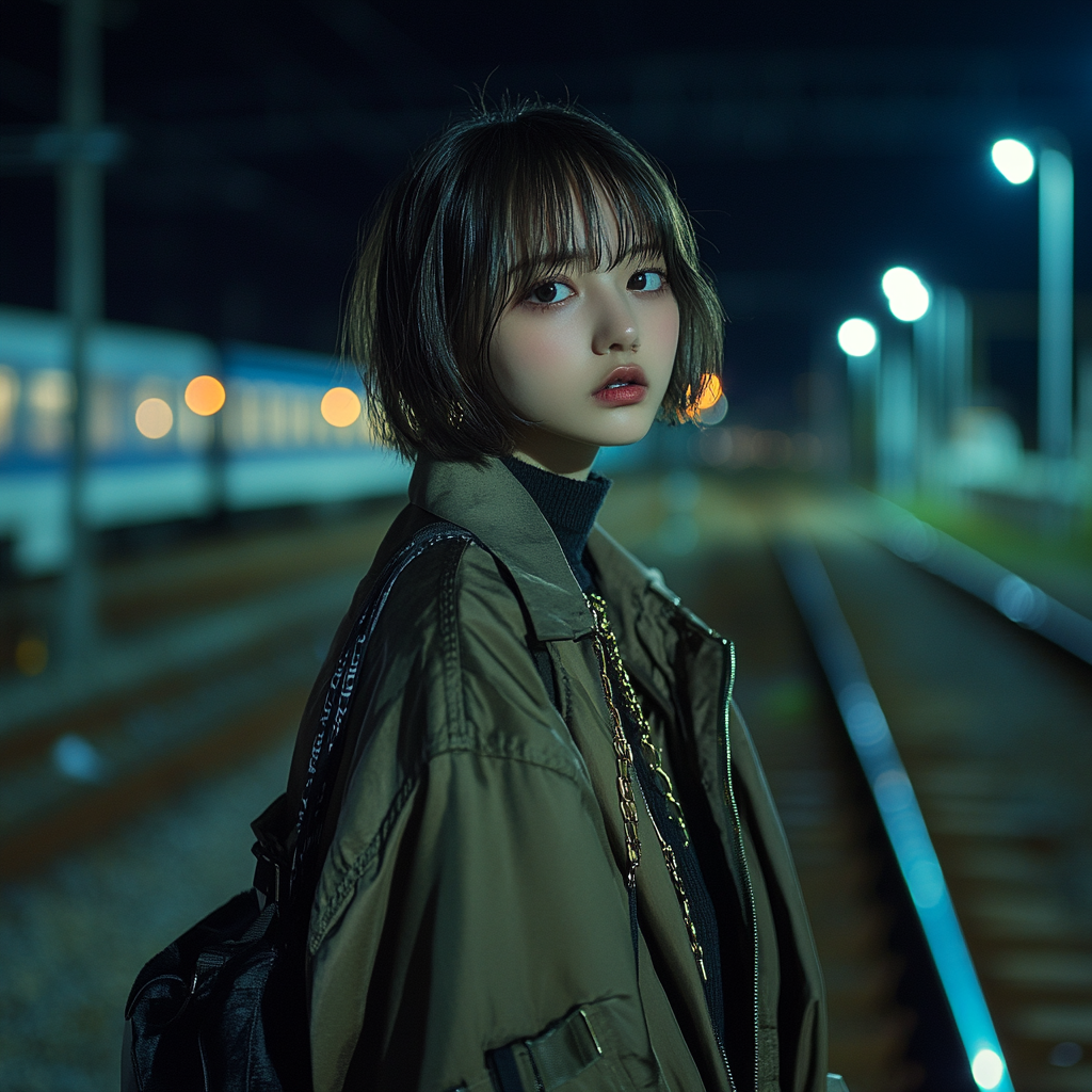 Cute Japanese model in luxury brand clothes on tracks.