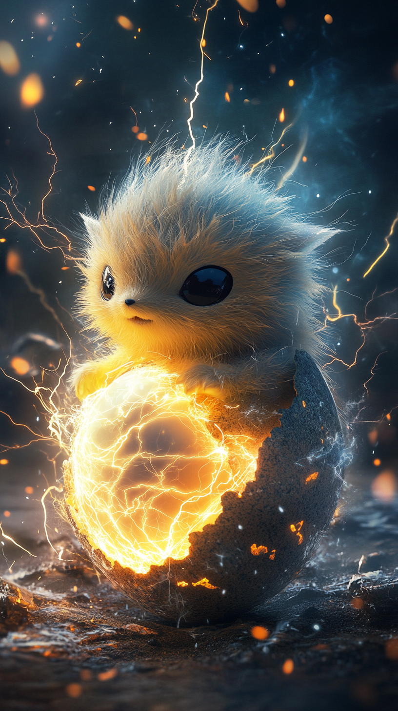 Cute Joltik hatching from electric egg under lightning sky.