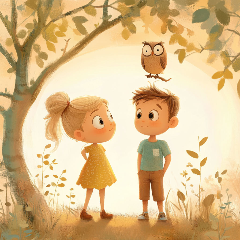 Cute Kids Sunset Owl Tree Nature Cartoon 3D