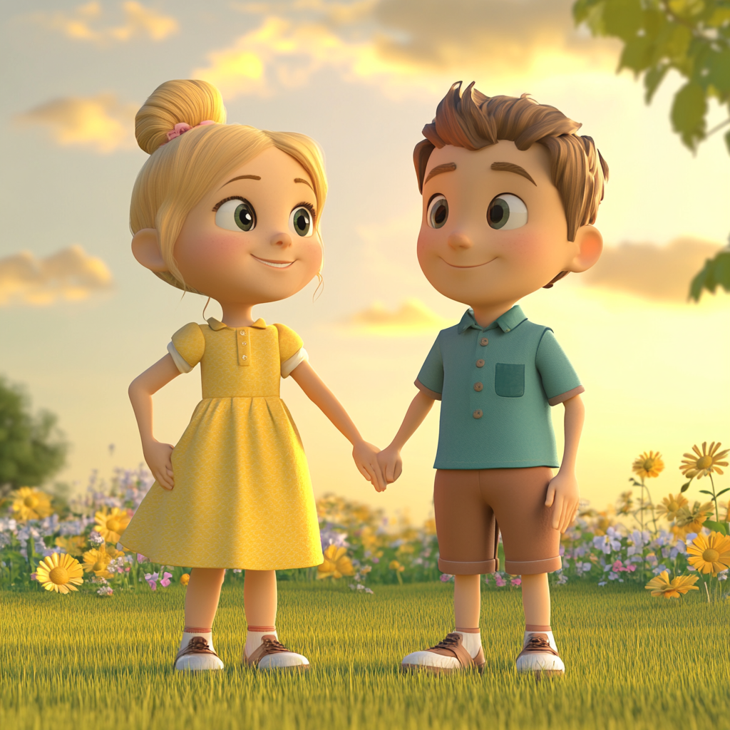 Cute Kids at Sunset Garden 3D Illustration