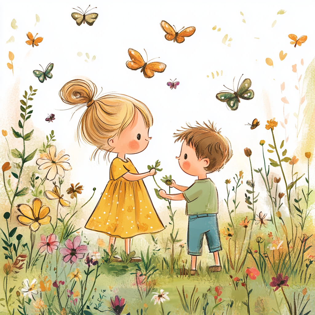 Cute Kids in Garden with Butterflies at Sunset