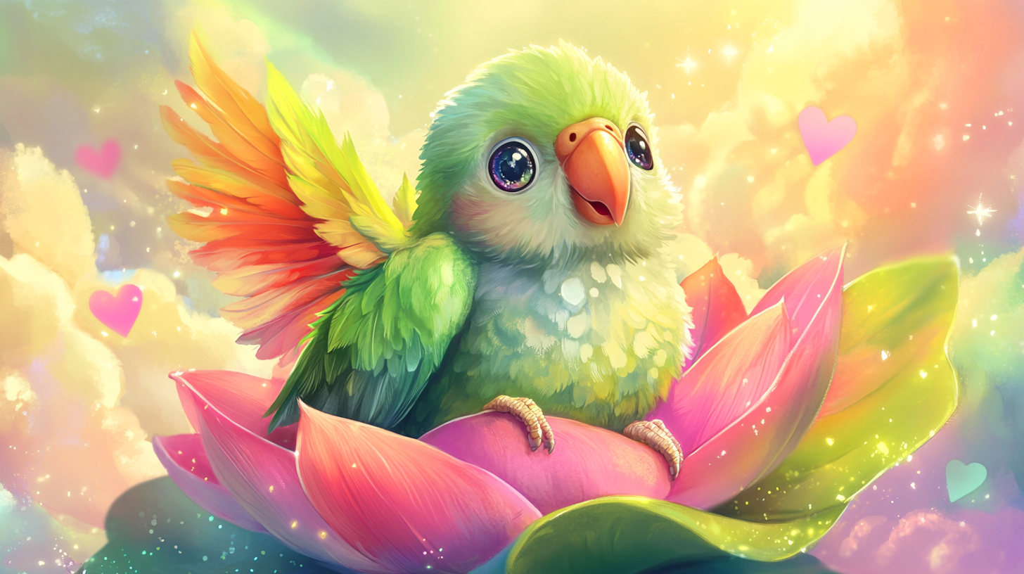 Cute Quaker Parrot as Bodhisattva surrounded by whimsical elements.