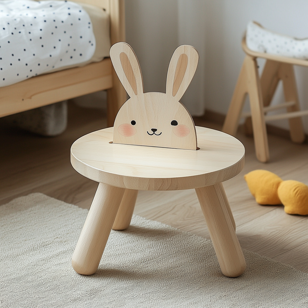 Cute Rabbit Style Solid Wood Children's Stool with Backrest 