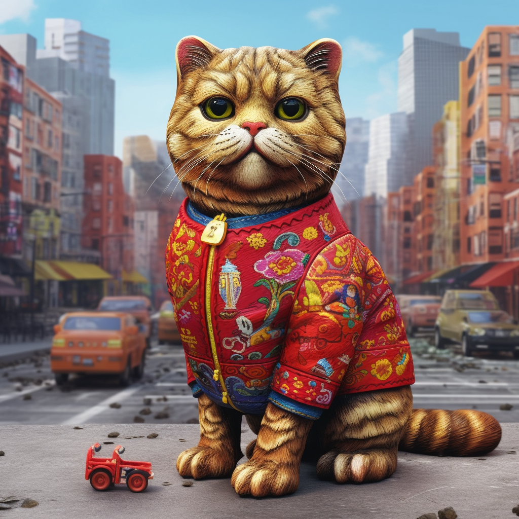 Cute Scottish Fold cat in colorful outfit poses confidently.