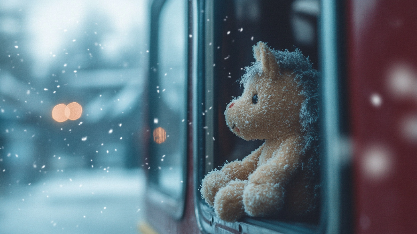 Cute Stuffed Horse Toy in Christmas Bus Scene