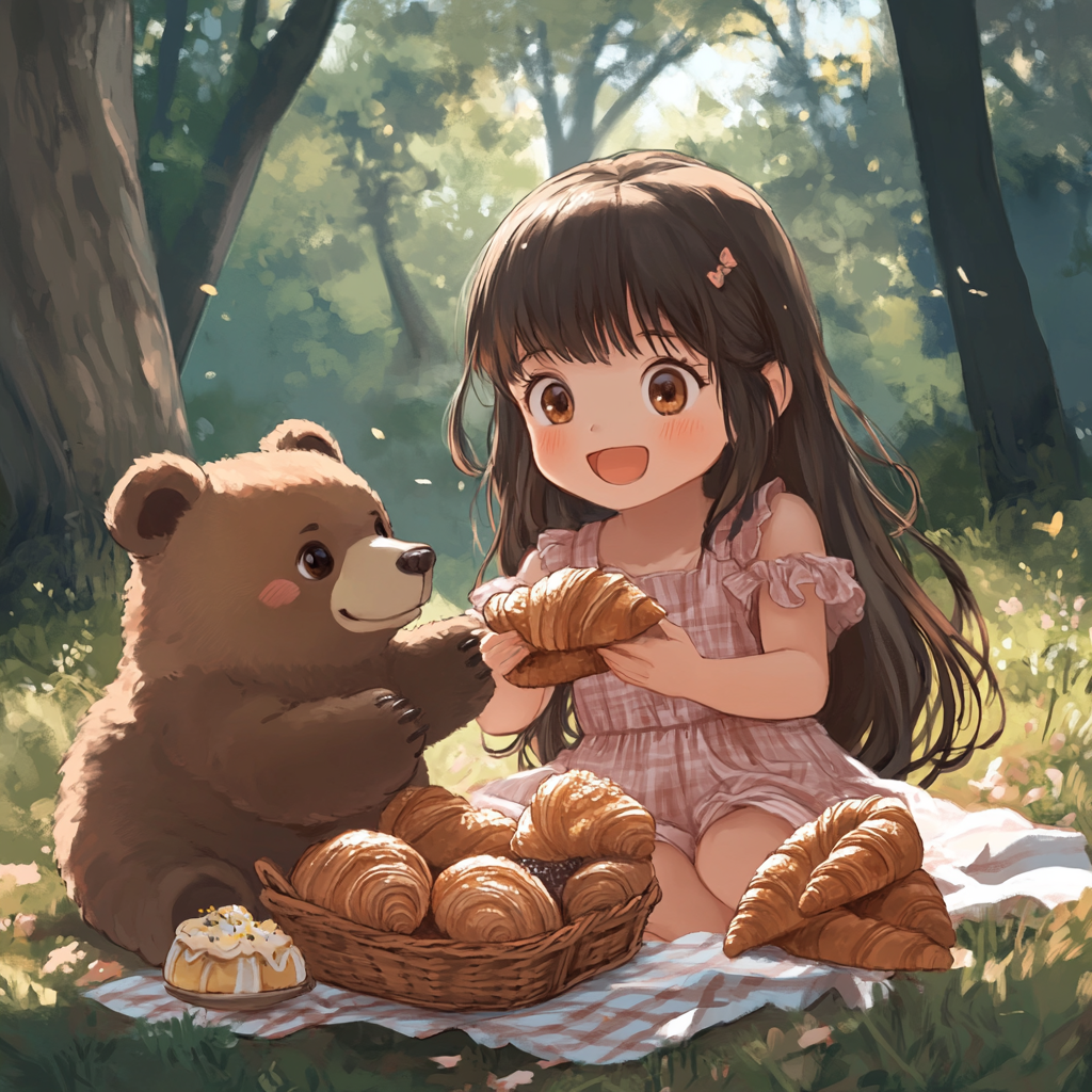 Cute anime girl and bear cub having picnic together.