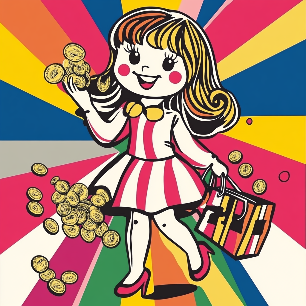 Cute anime girl shops with coins and candy.