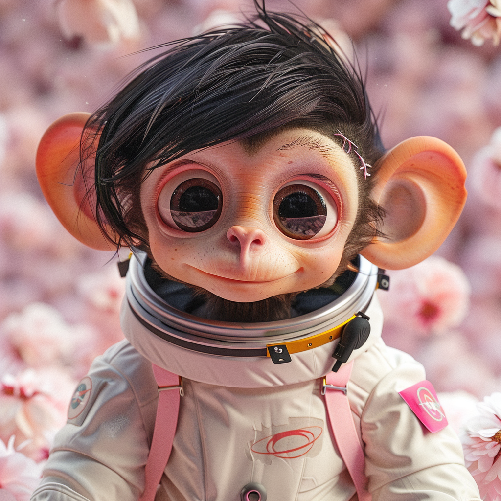 Cute astronaut monkey eating pink cotton candy galaxy happily.