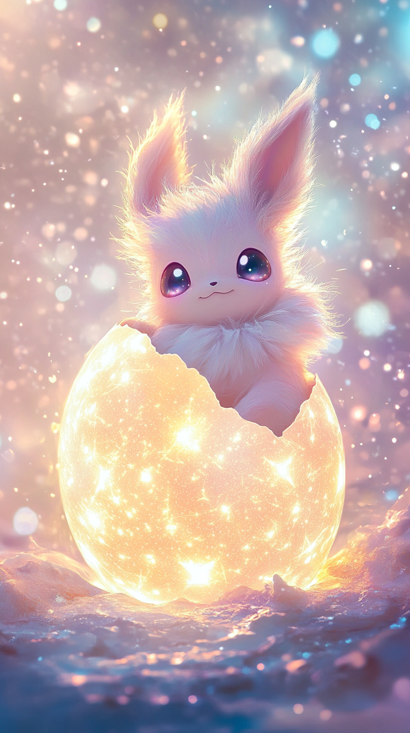 Cute baby Eevee hatching from glowing egg, dreamy background.