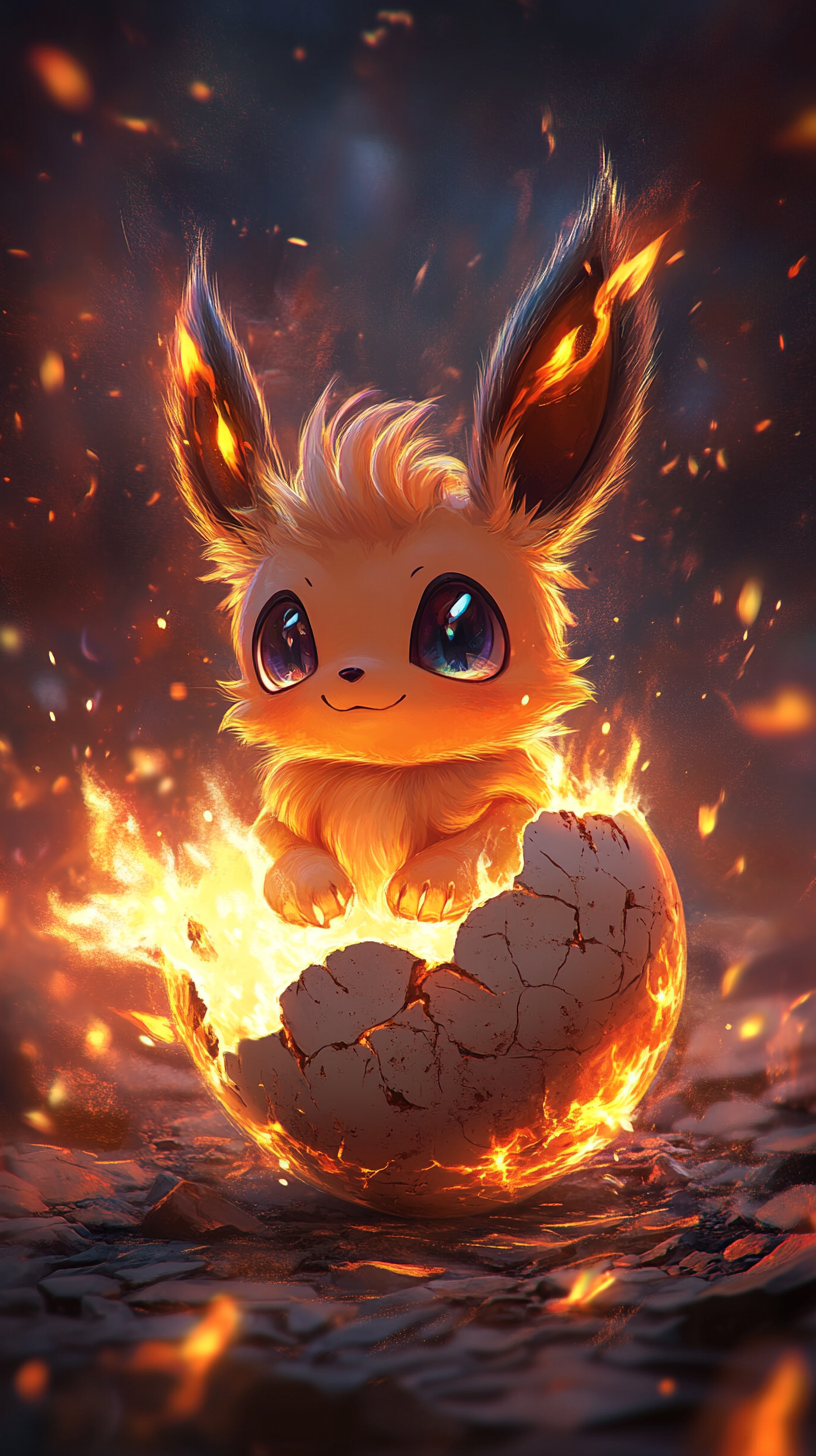 Cute baby Eevee with fiery fur hatching from egg.