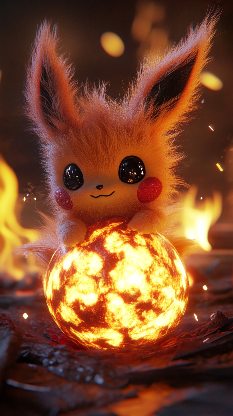 Cute baby Flareon hatching from glowing mystical egg.