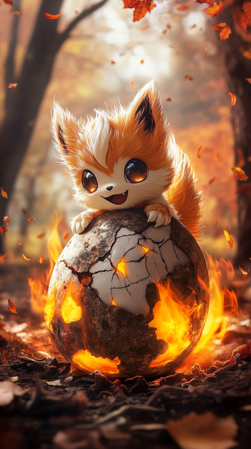 Cute baby Growlithe hatching from fiery cracked egg.