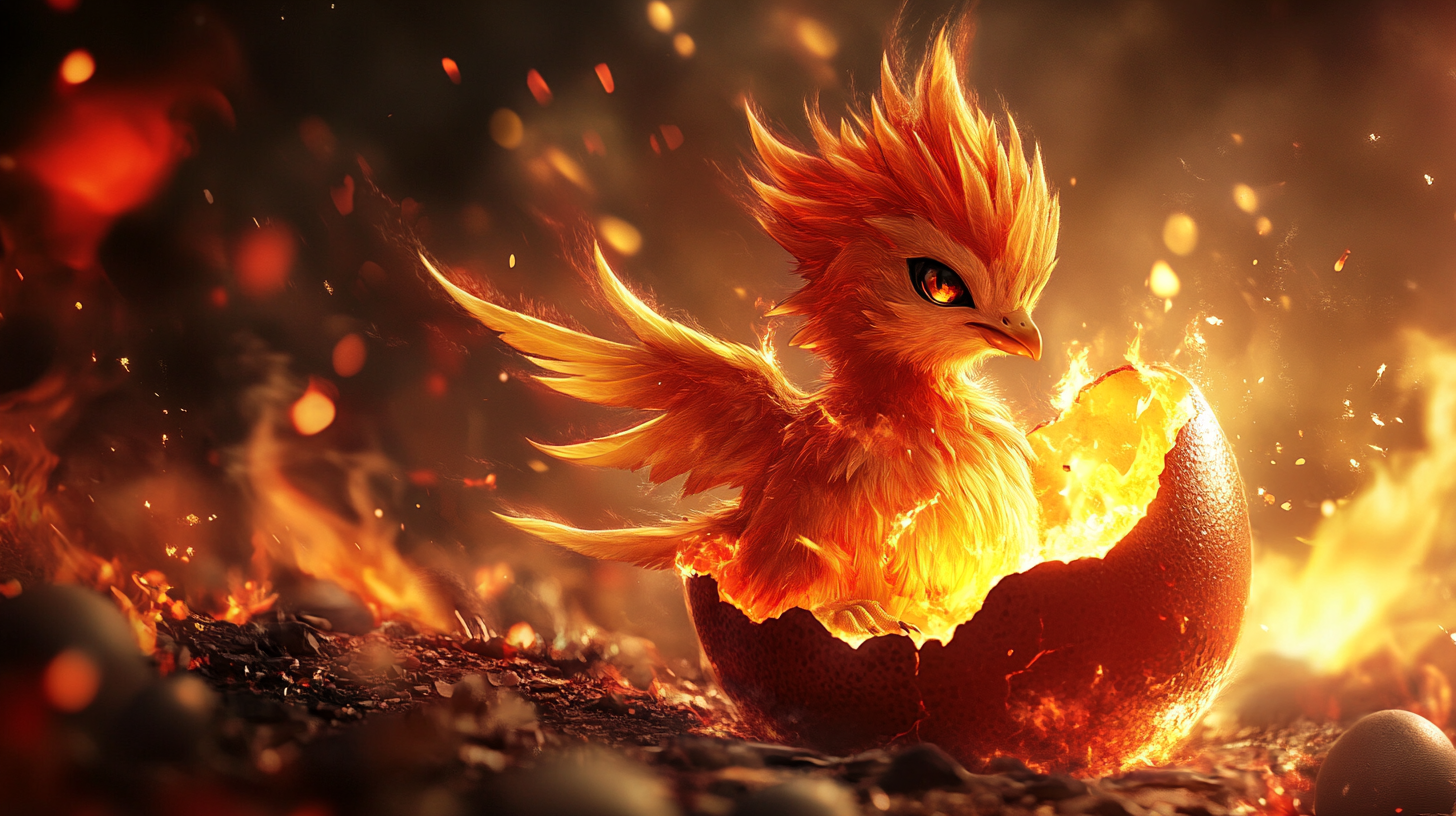 Cute baby Moltres hatching from fiery egg painting.