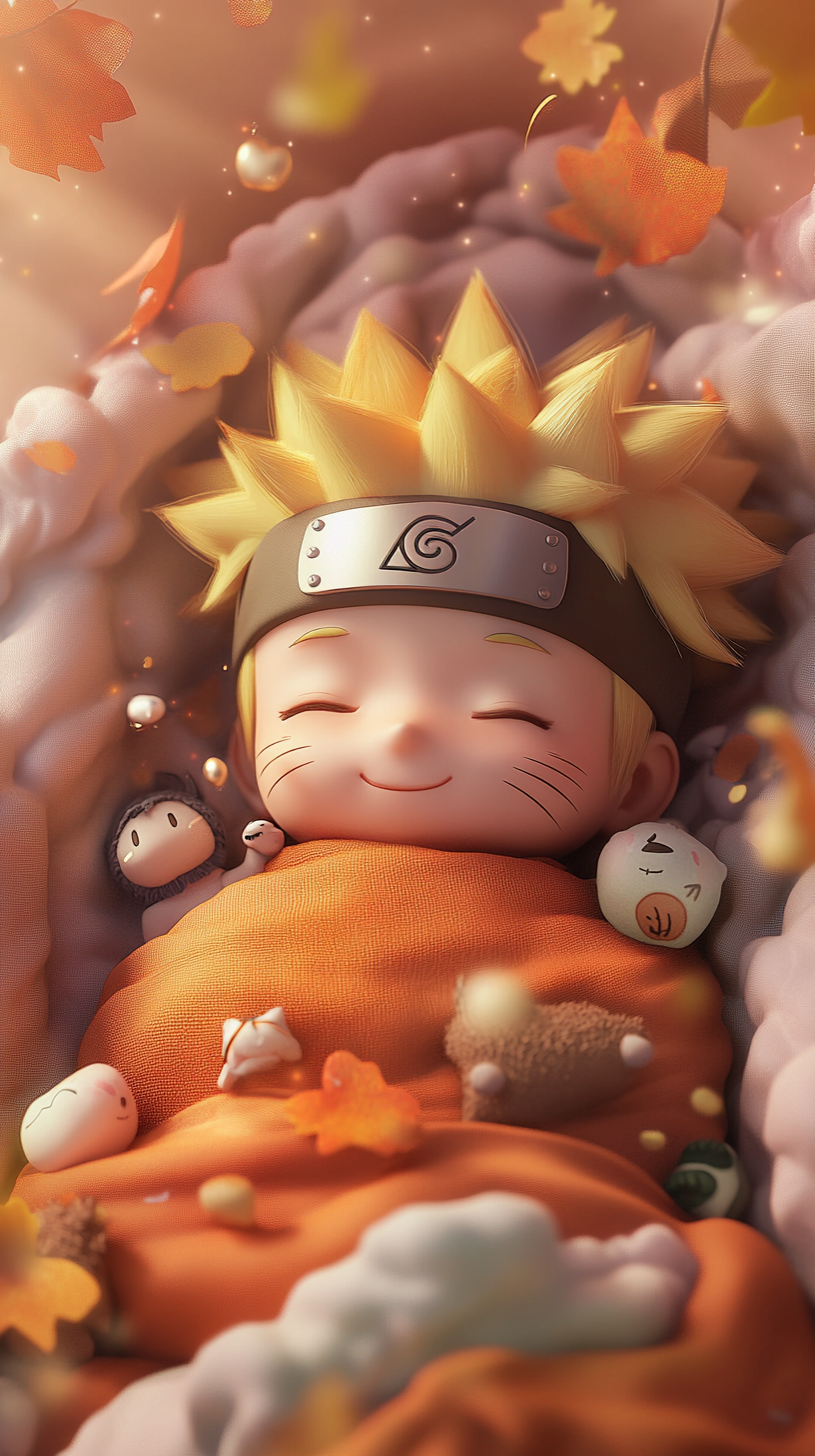 Cute baby Naruto sleeping peacefully in colorful crib.