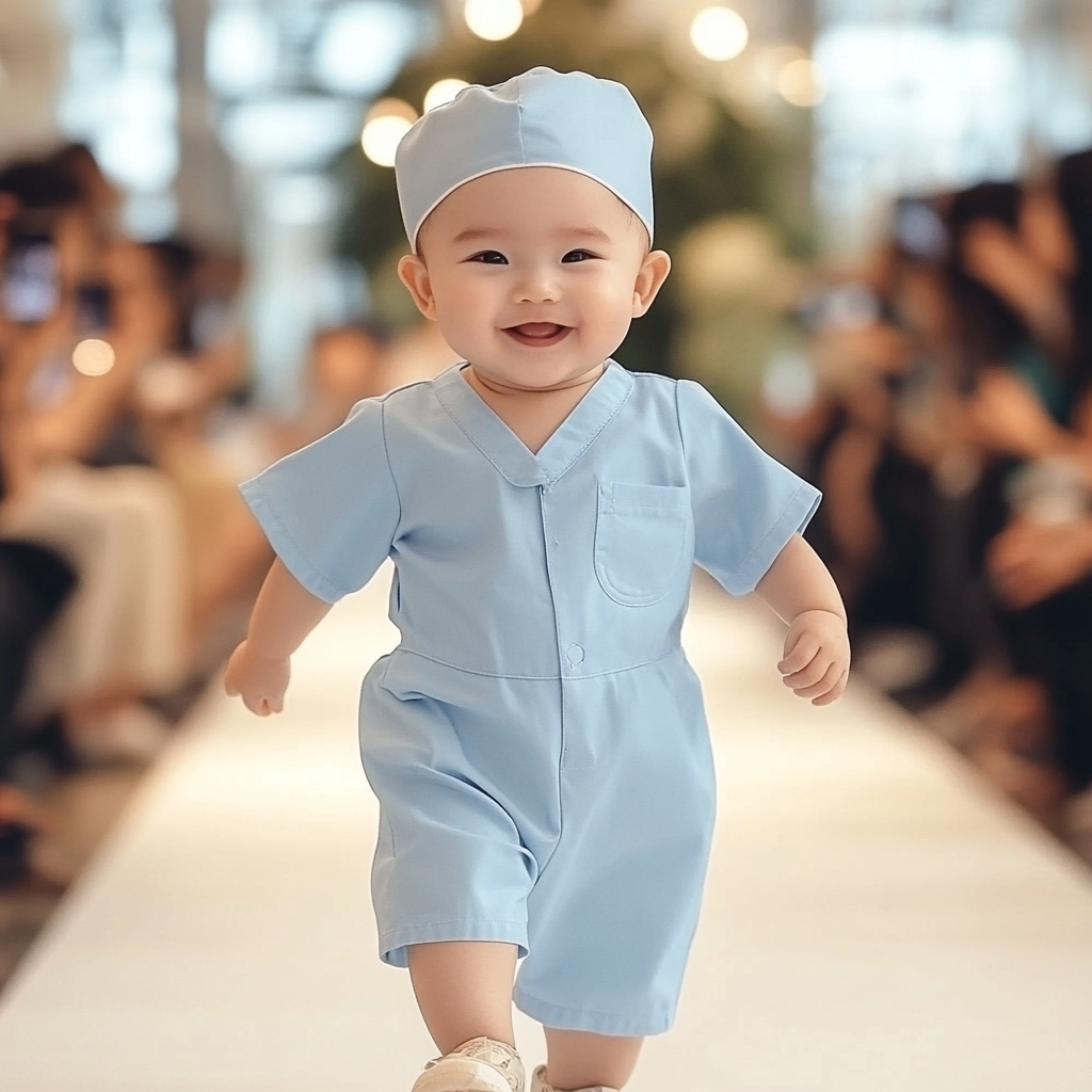 Cute baby in nurse's uniform confidently walks runway.