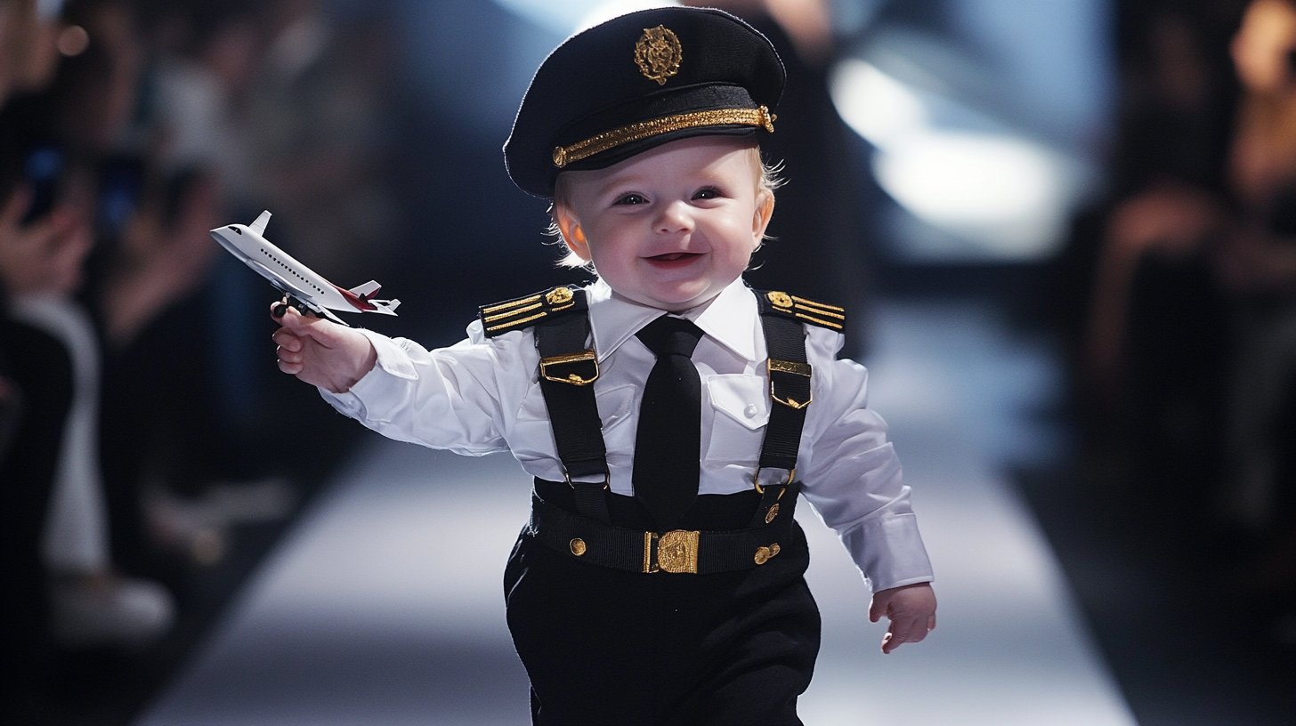 Cute baby in pilot uniform walking confidently on runway.