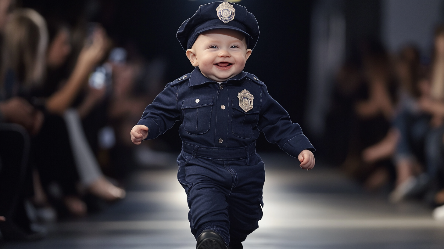 Cute baby in police uniform on fashion runway smiling.