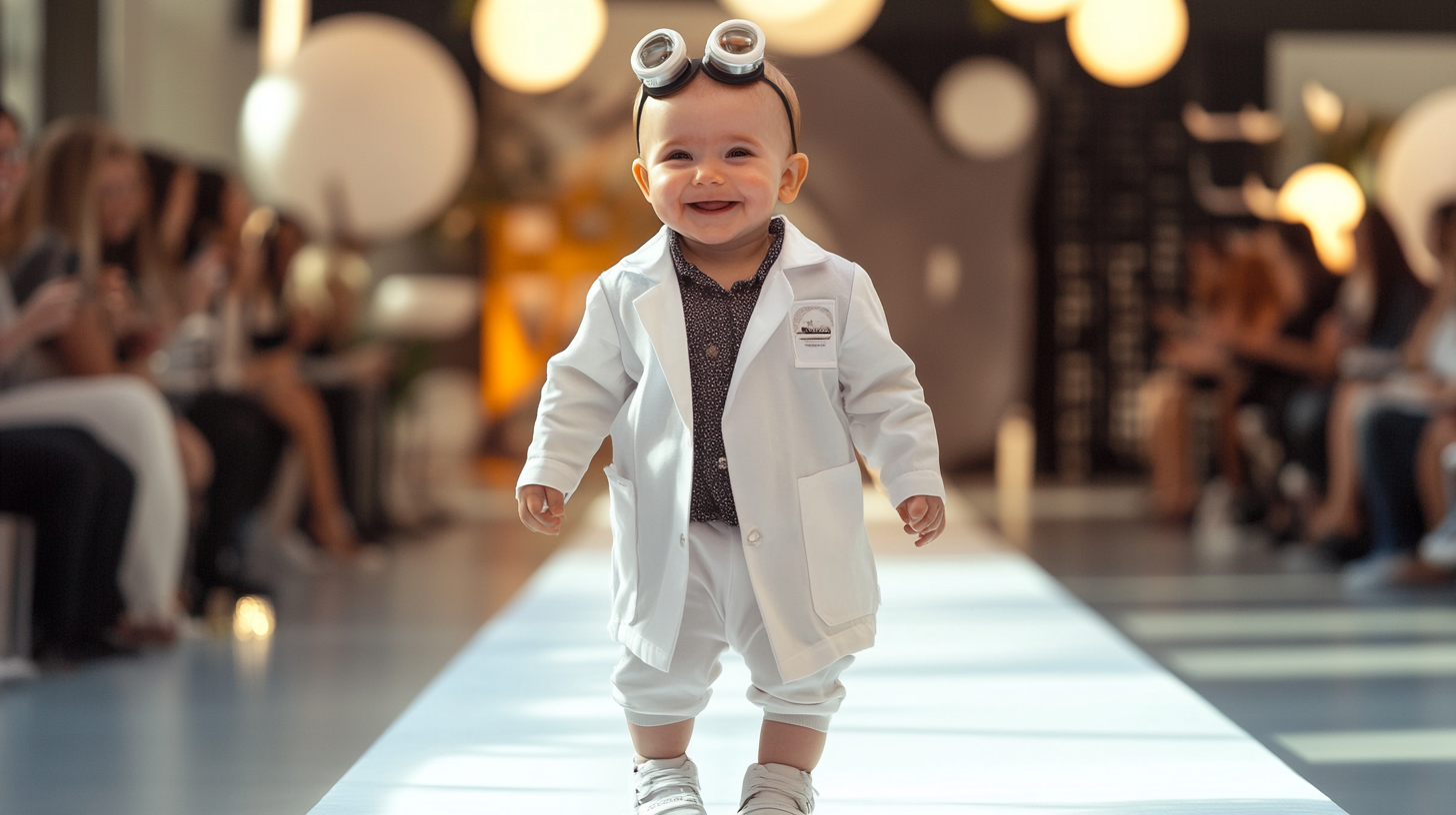 Cute baby in scientist lab coat walking confidently on stage