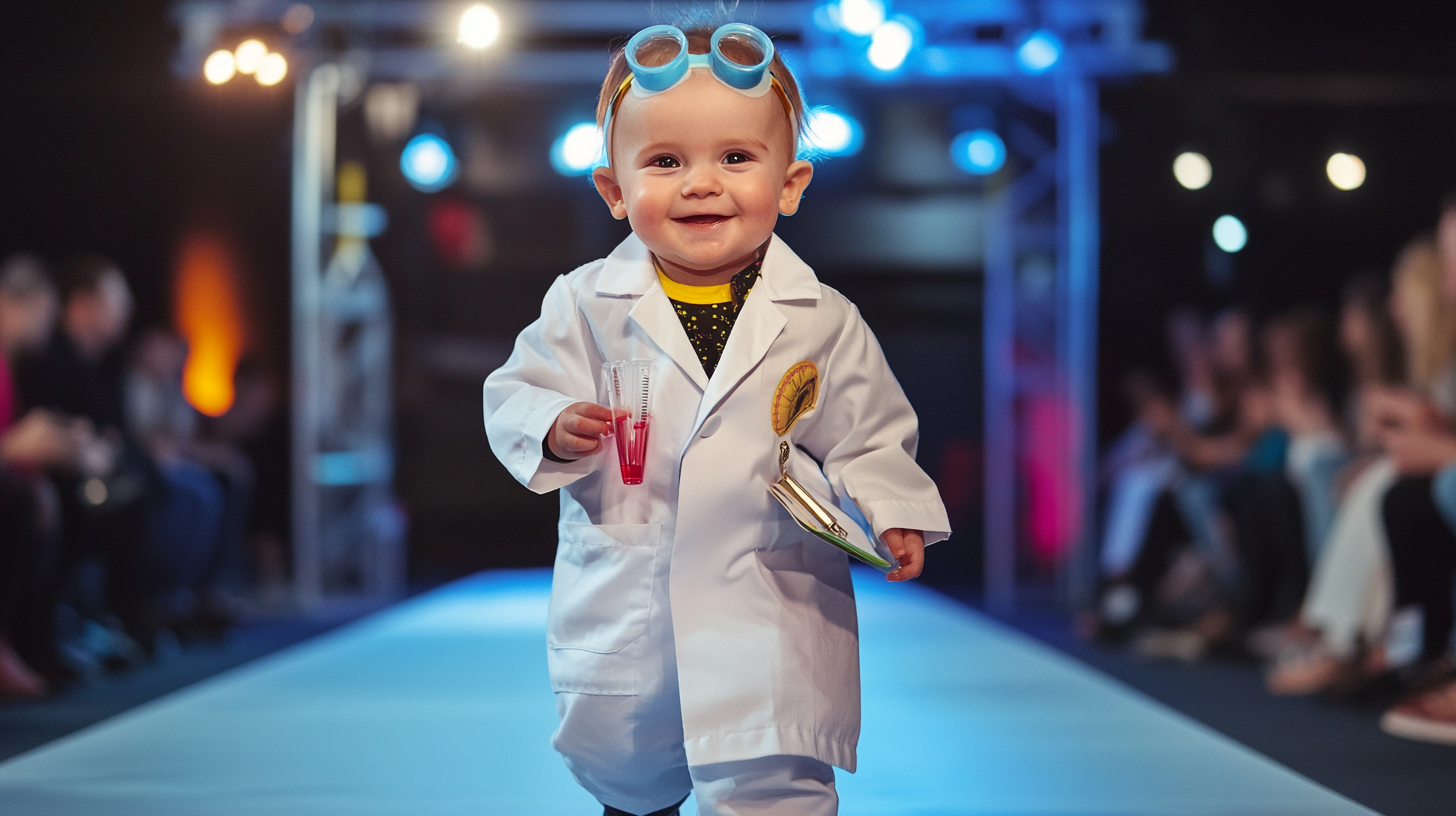 Cute baby scientist on runway, smiling confidently with clipboard.