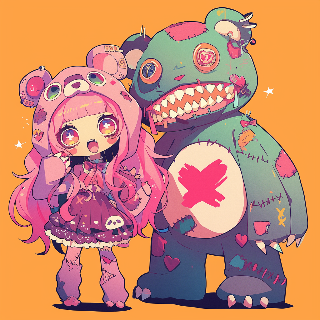 Cute bear and owl in zombie costume anime style