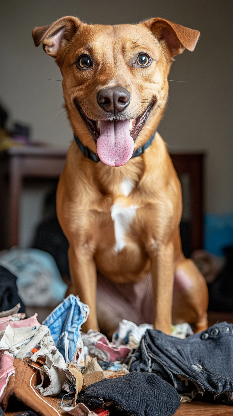 Cute brown dog, smiling with tongue out, in room.