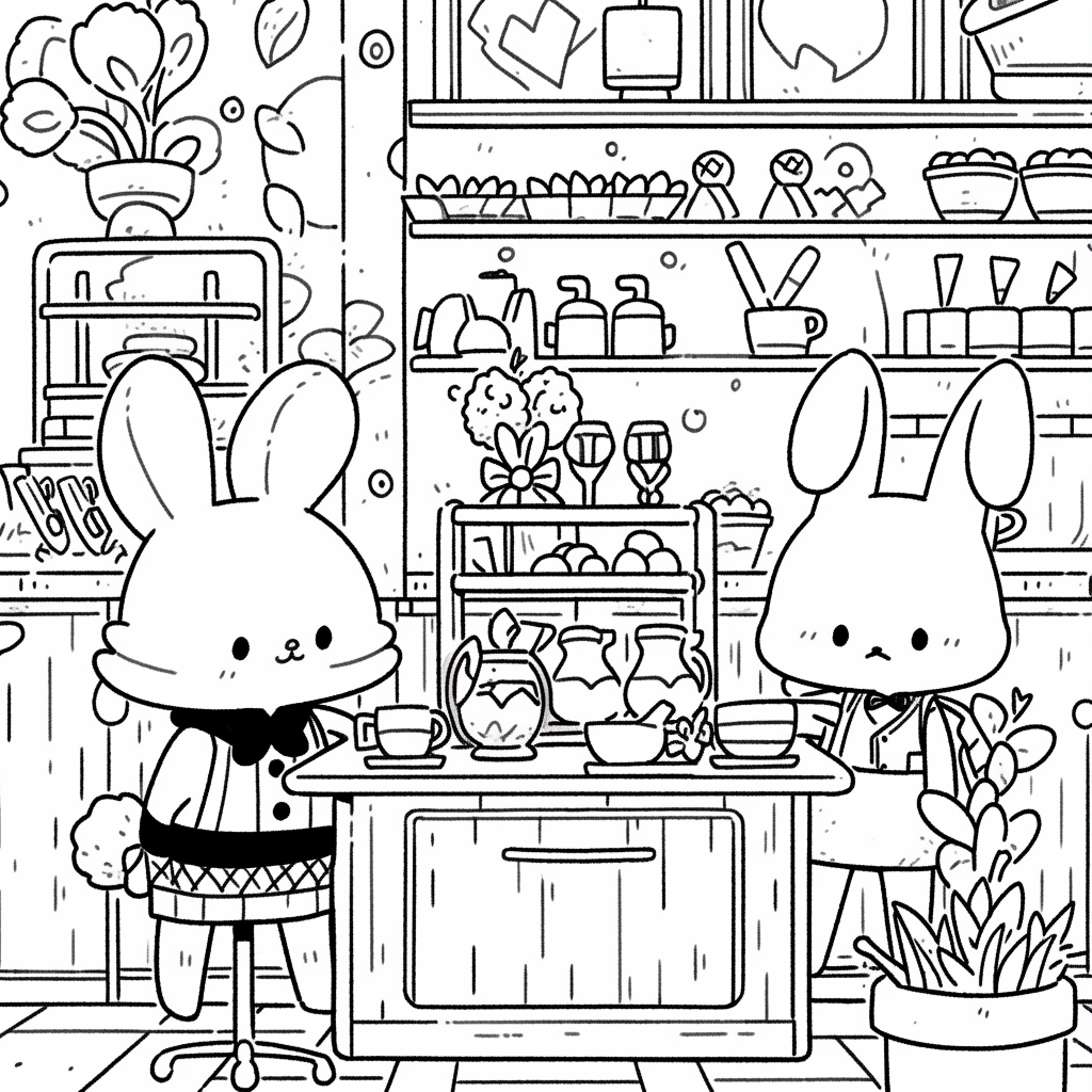 Cute bunnies working as baristas in enchanted coffee shop.