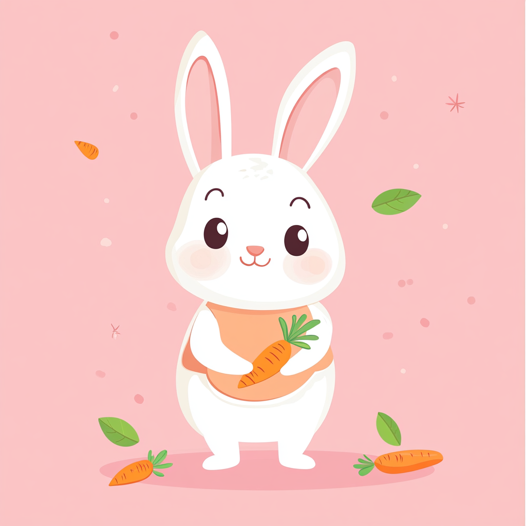 Cute bunny holding carrot in bib, simplistic flat illustration.