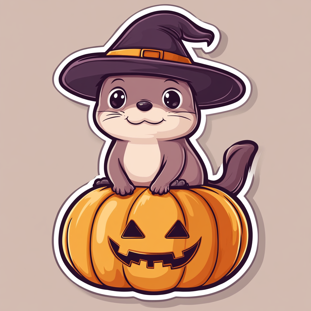 Cute cartoon otter with witch hat on pumpkin sticker.