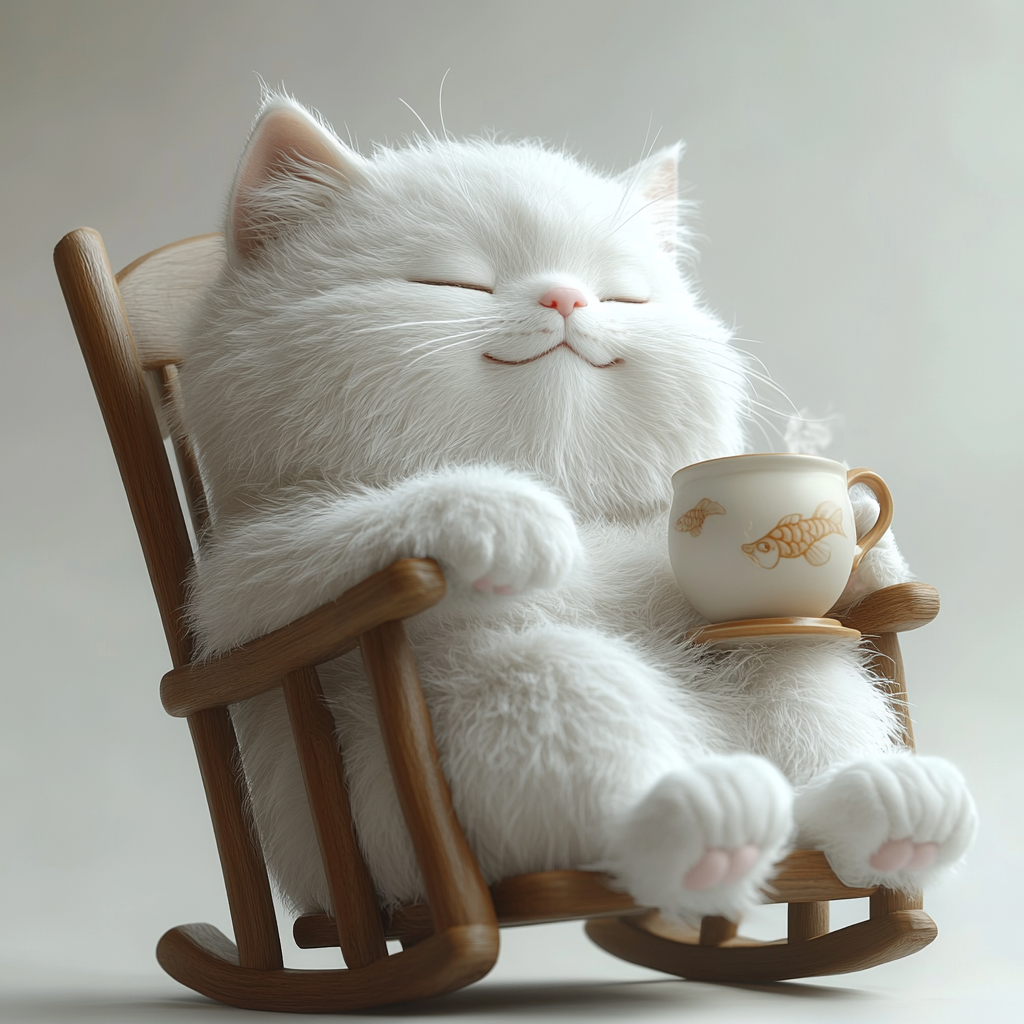 Cute cat enjoying tea in rocking chair.