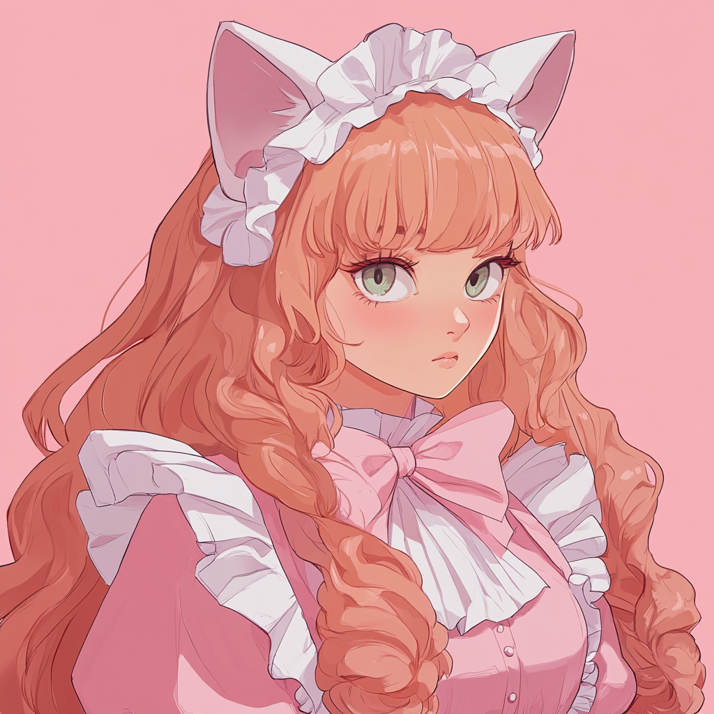 Cute catgirl with strawberry blonde curls in frilly outfit.