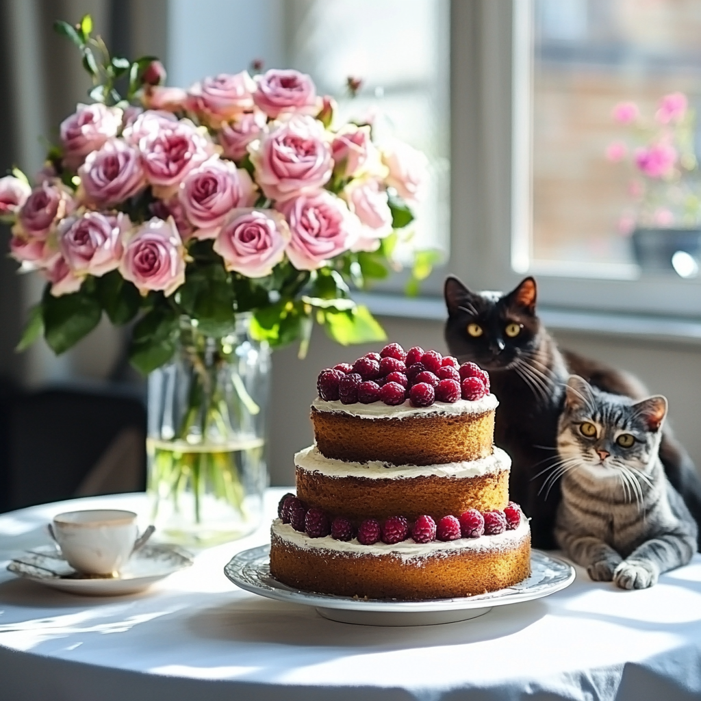 Cute cats near cake and flowers in sunlight.