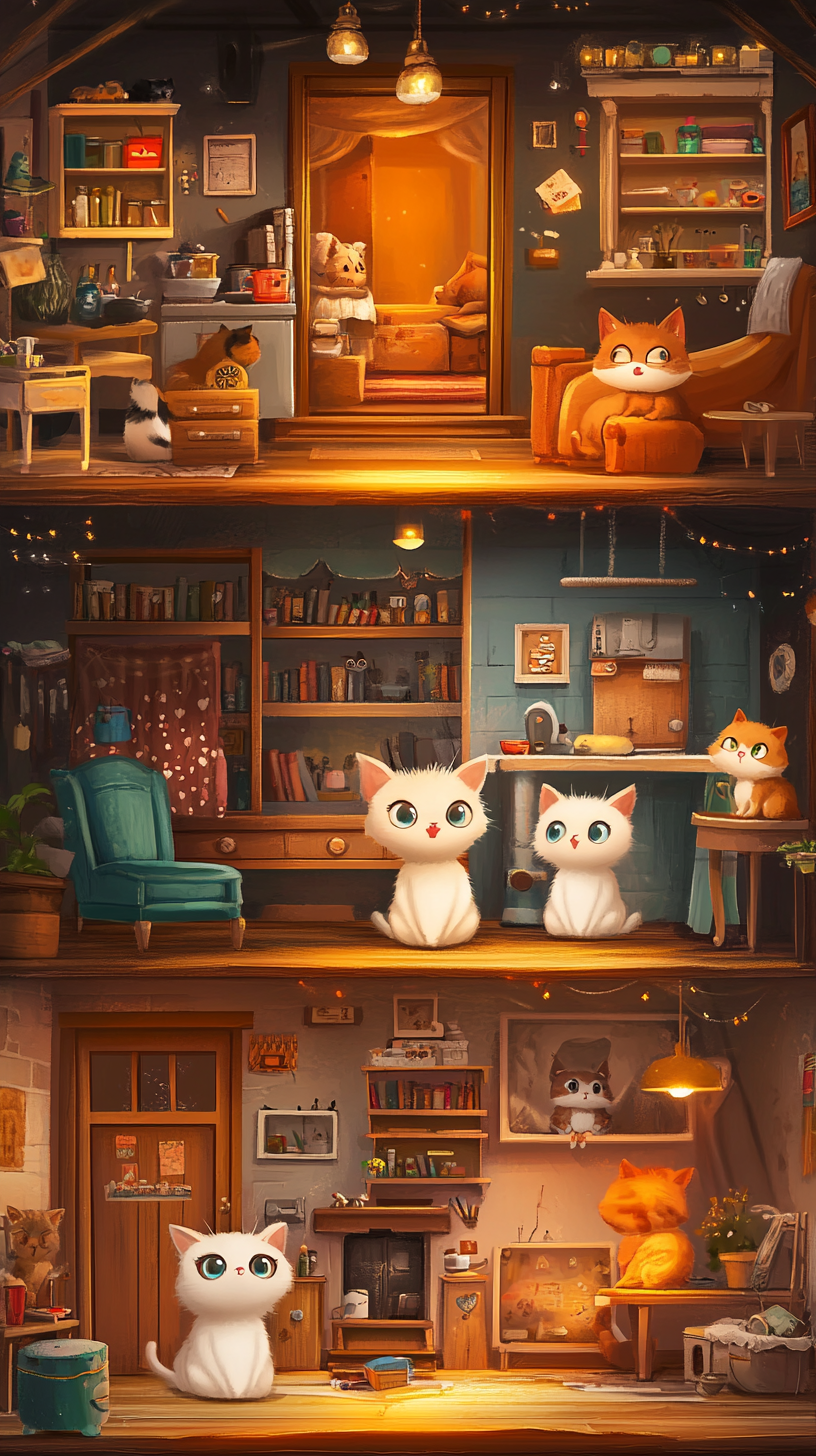 Cute cats play puzzle game in cozy house.