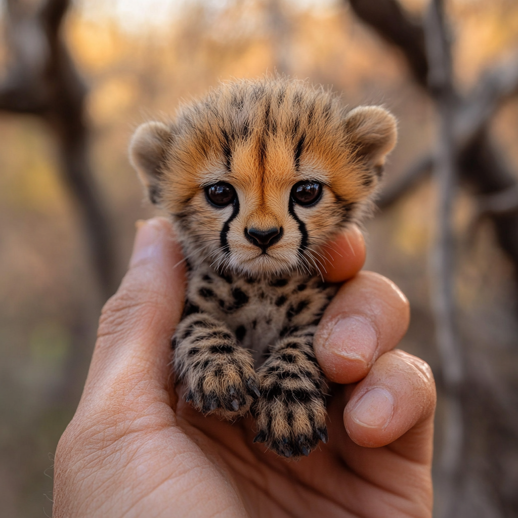 Cute cheetah, smaller than quark, delicately perched with sparkle.