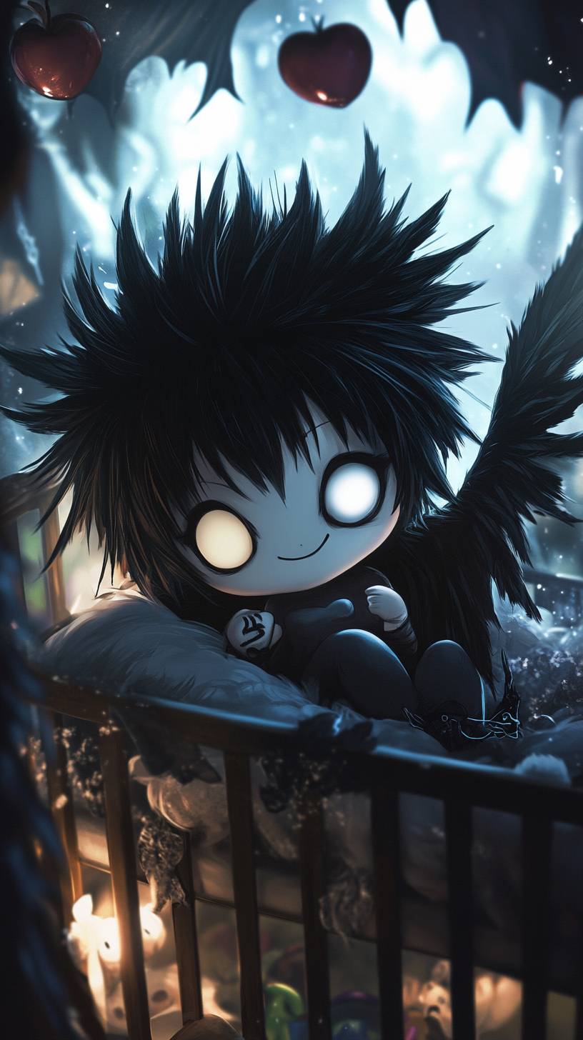 Cute chibi Ryuk in dark-themed crib, surrounded by Death Note universe elements