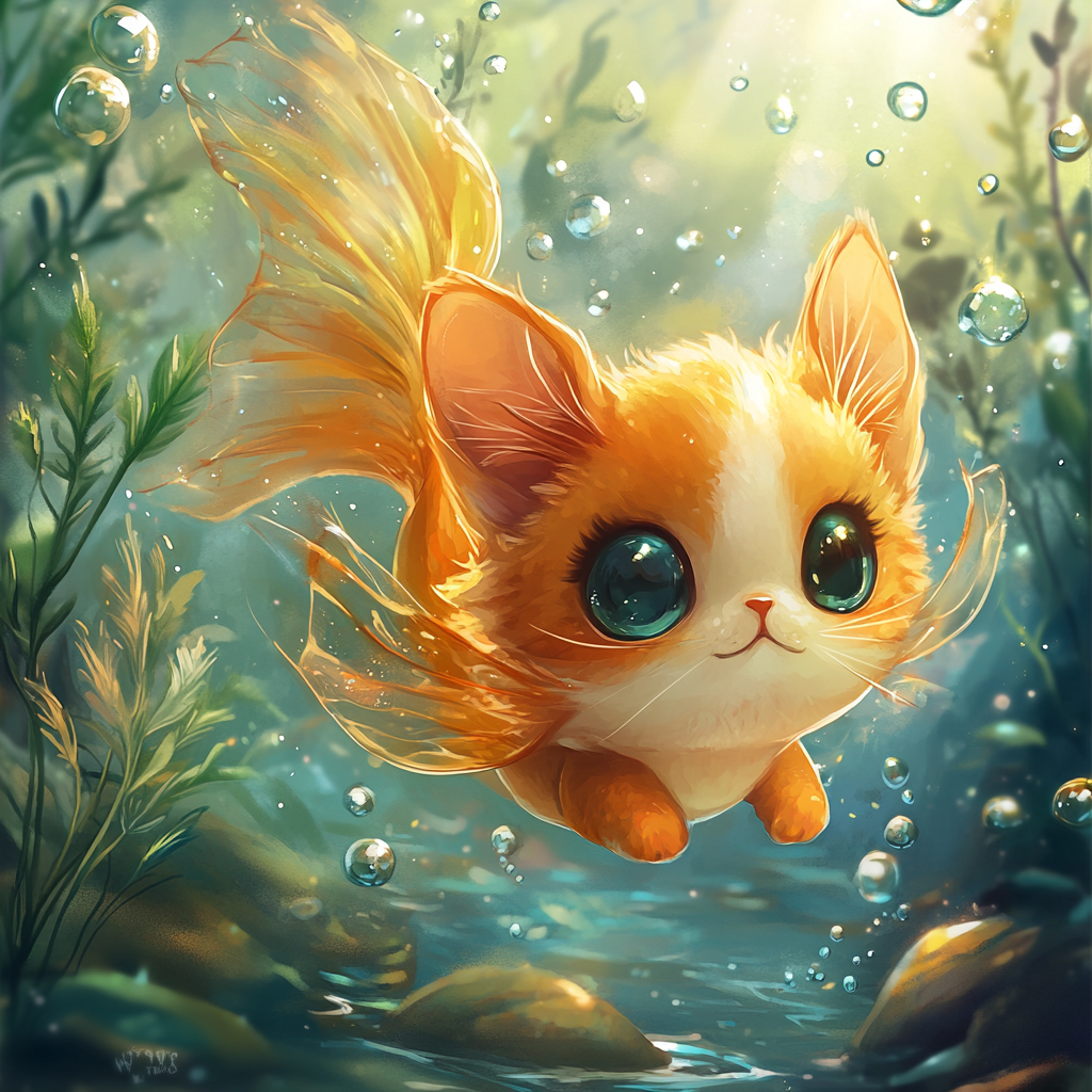 Cute chibi cat with goldfish-like body in underwater garden.