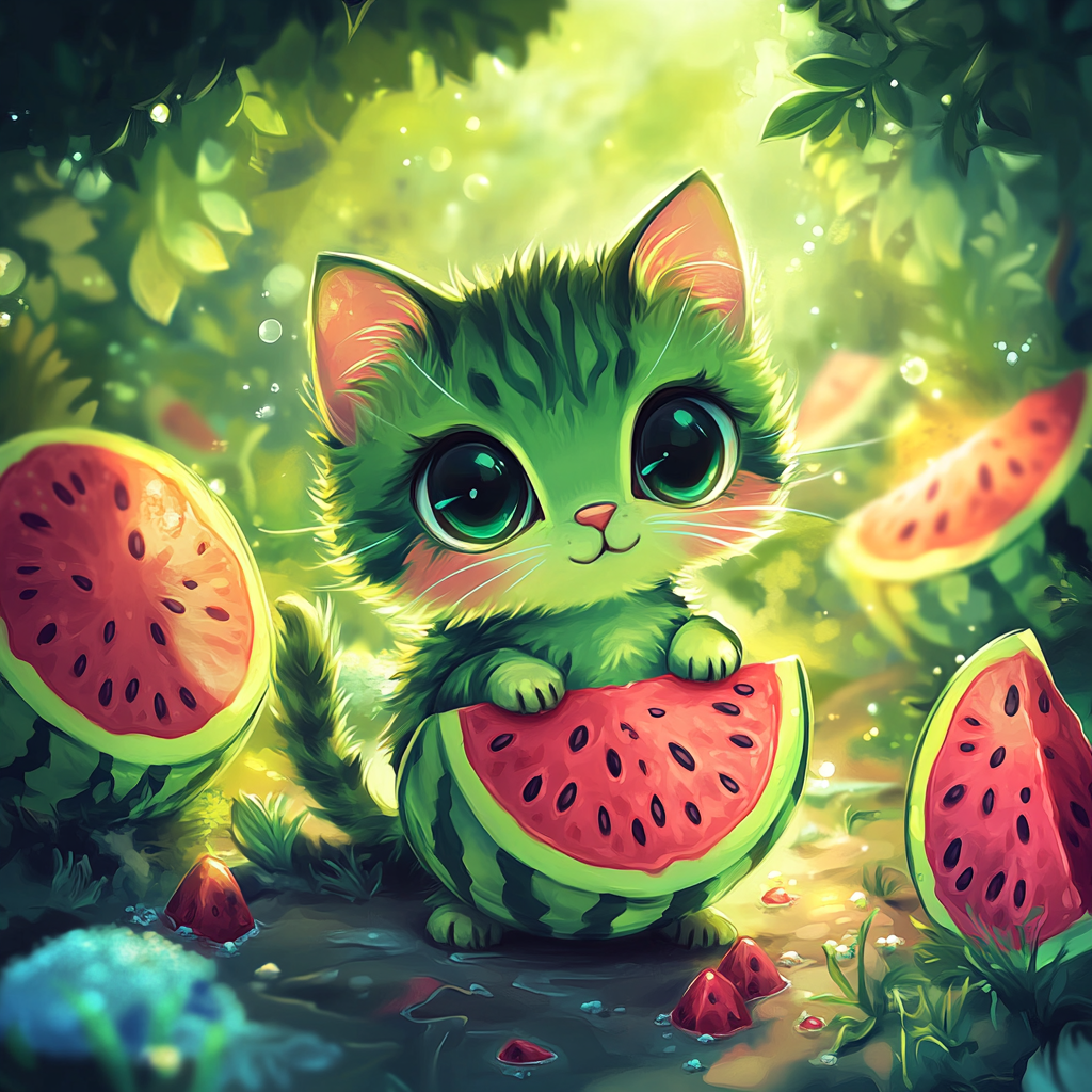 Cute chibi cat with watermelon fur in garden.