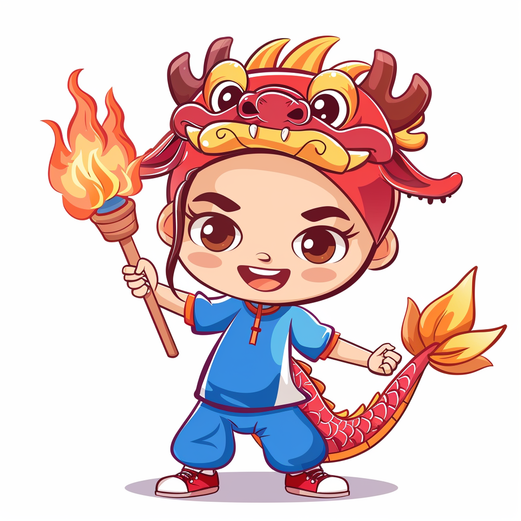 Cute child in dragon headdress holding sports torch.