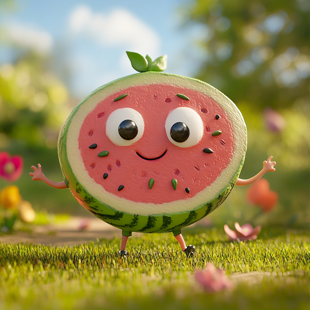 Cute clay watermelon with innocent eyes & friendly smile.