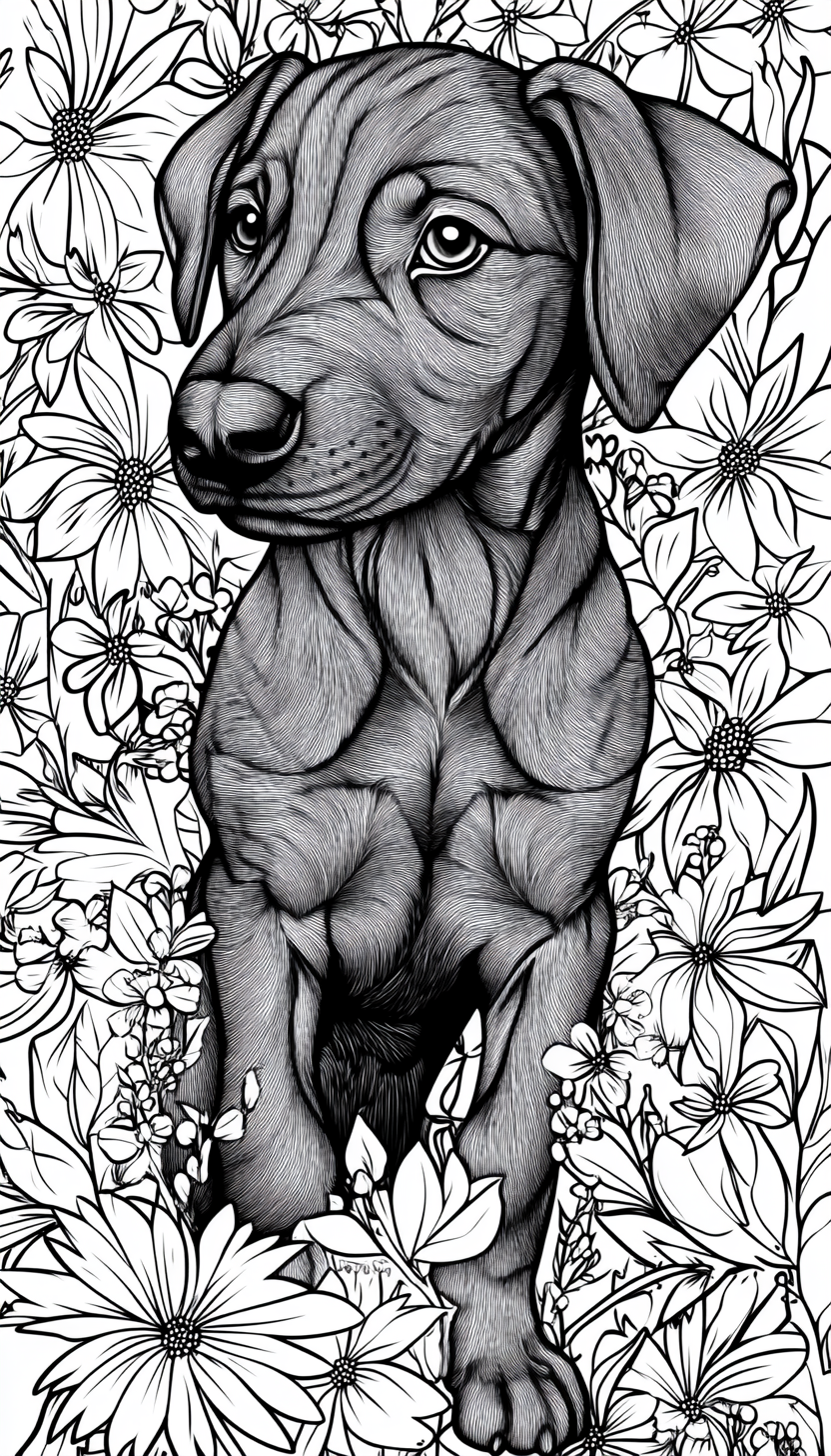 Cute doberman puppy in flower field coloring page