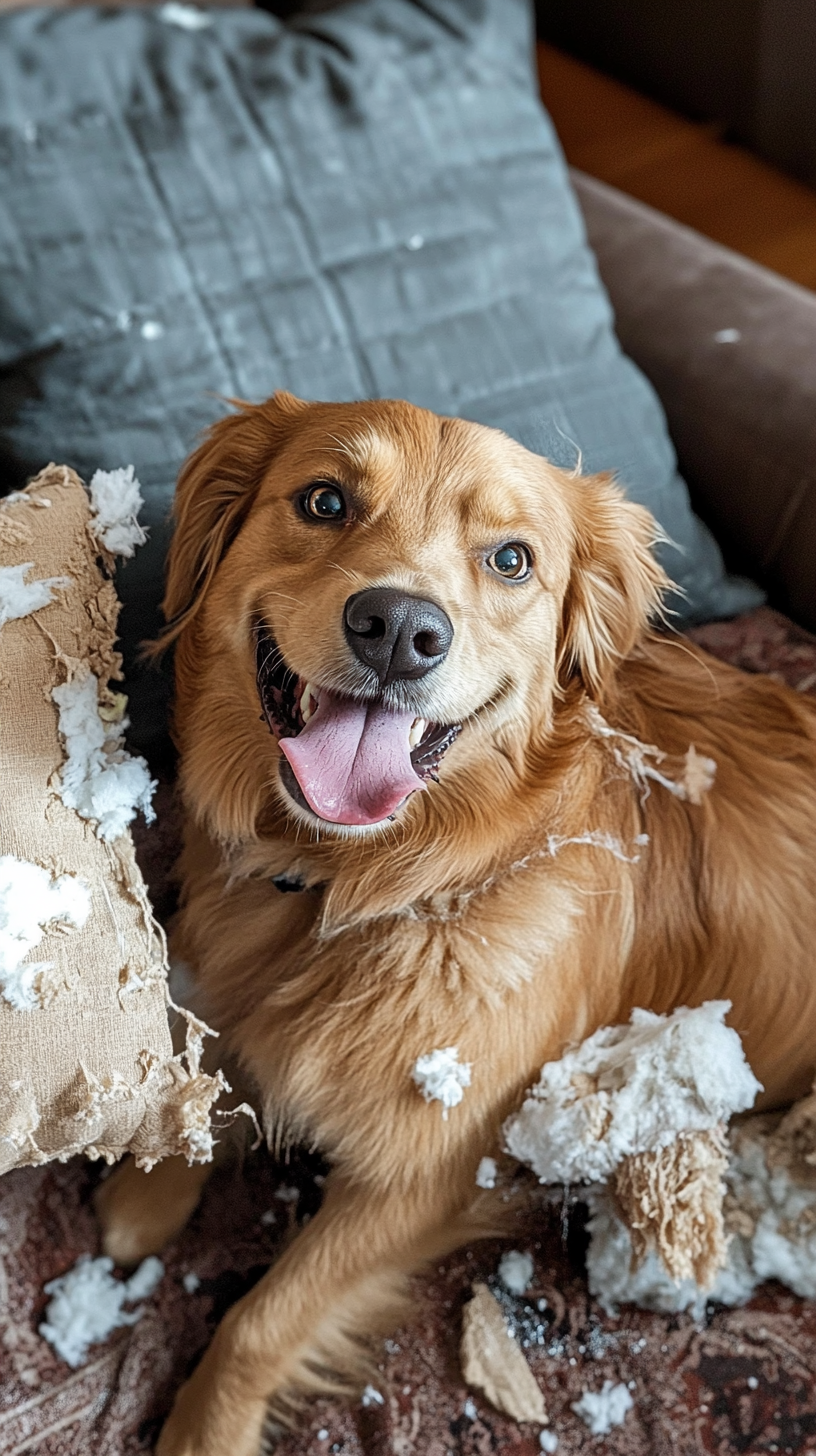 Cute dog in room with destroyed objects smiling.