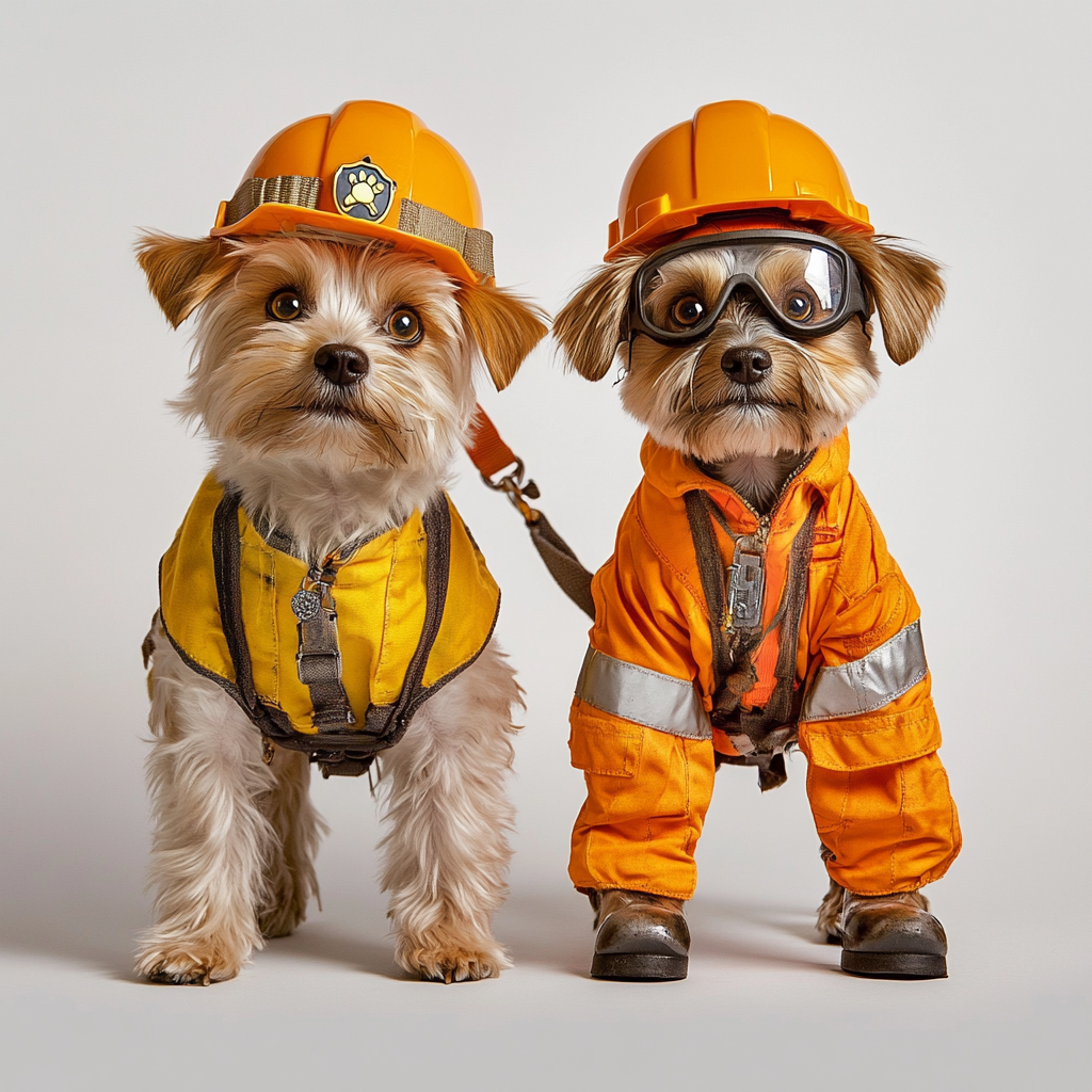 Cute dogs in Paw Patrol construction worker costume