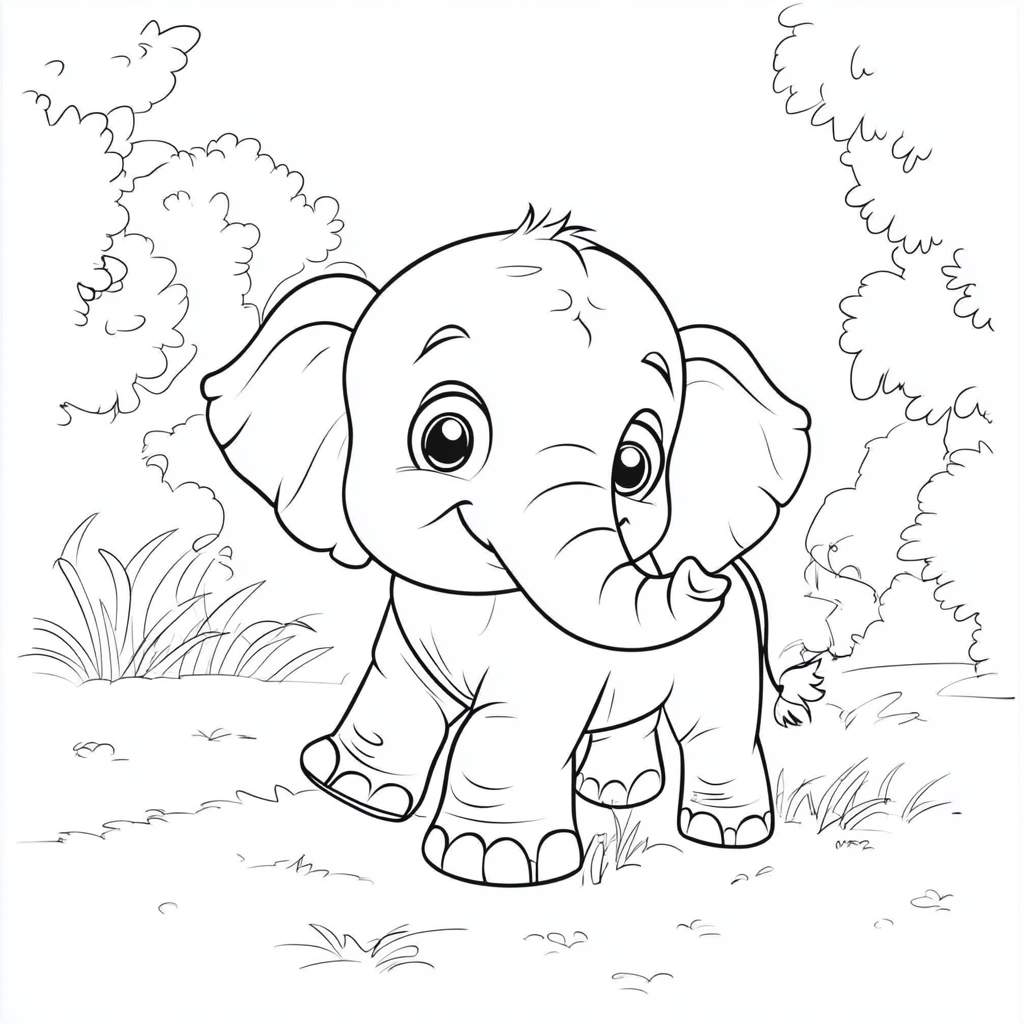 Cute elephant with oversized head, round body, large eyes