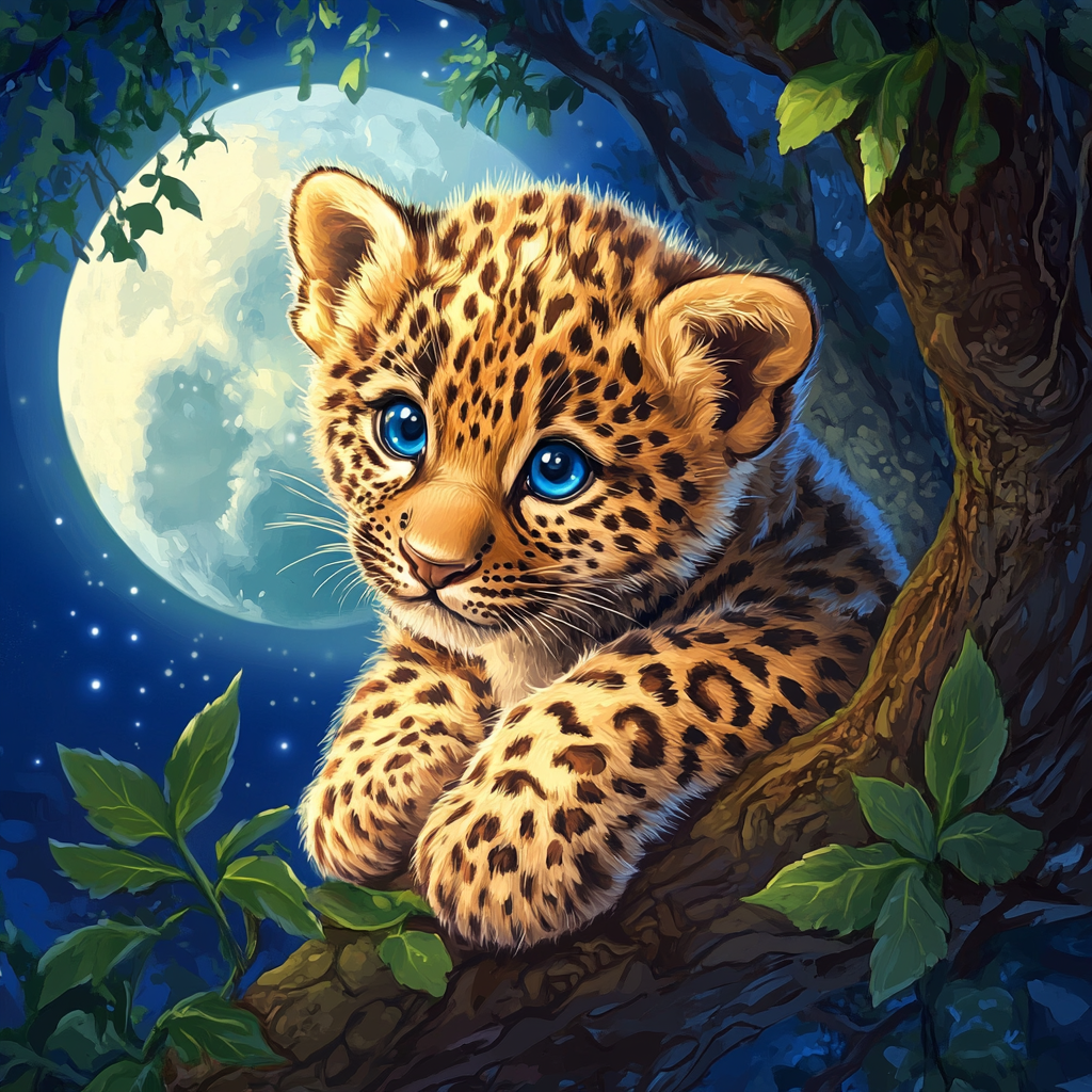 Cute fluffy leopard cub with blue eyes on tree