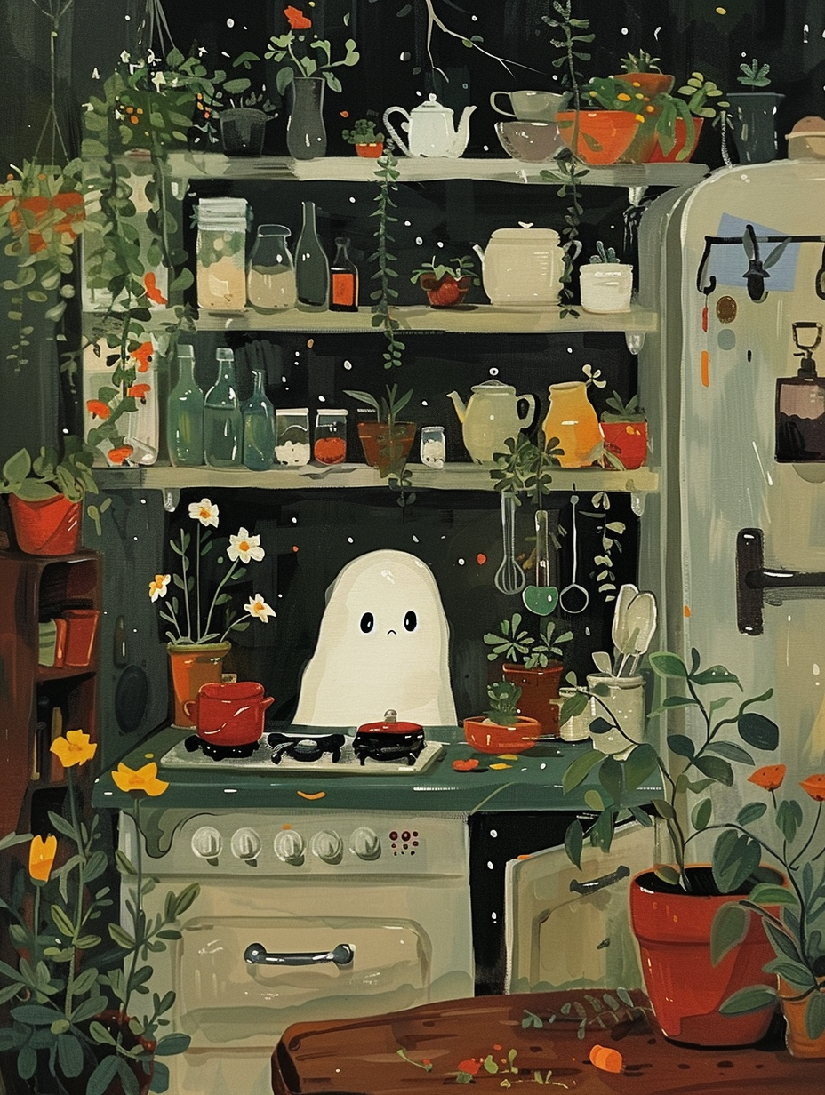 Cute ghost cooking in dark academic kitchen, oil painting.