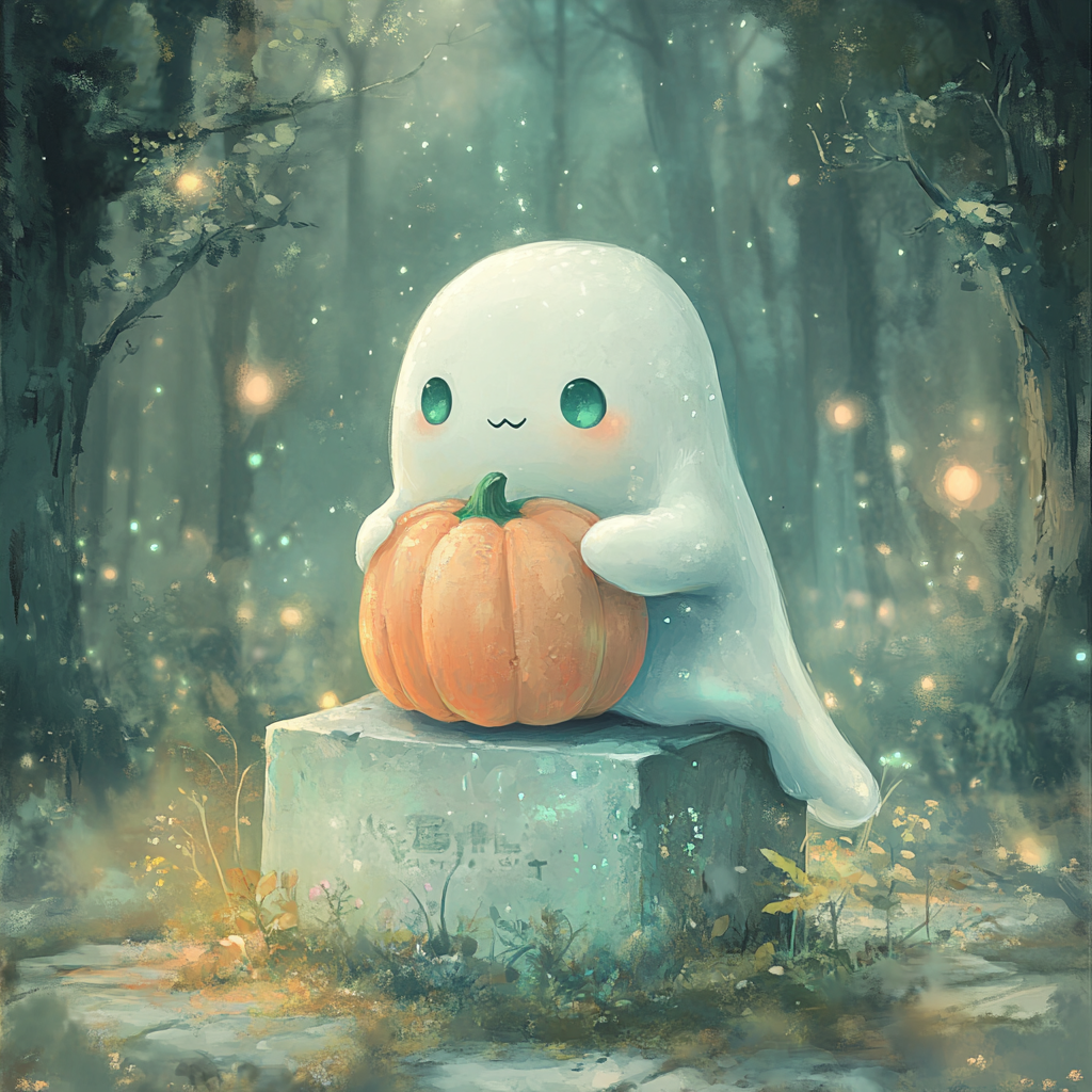 Cute ghost holding a pumpkin on gravestone at twilight.