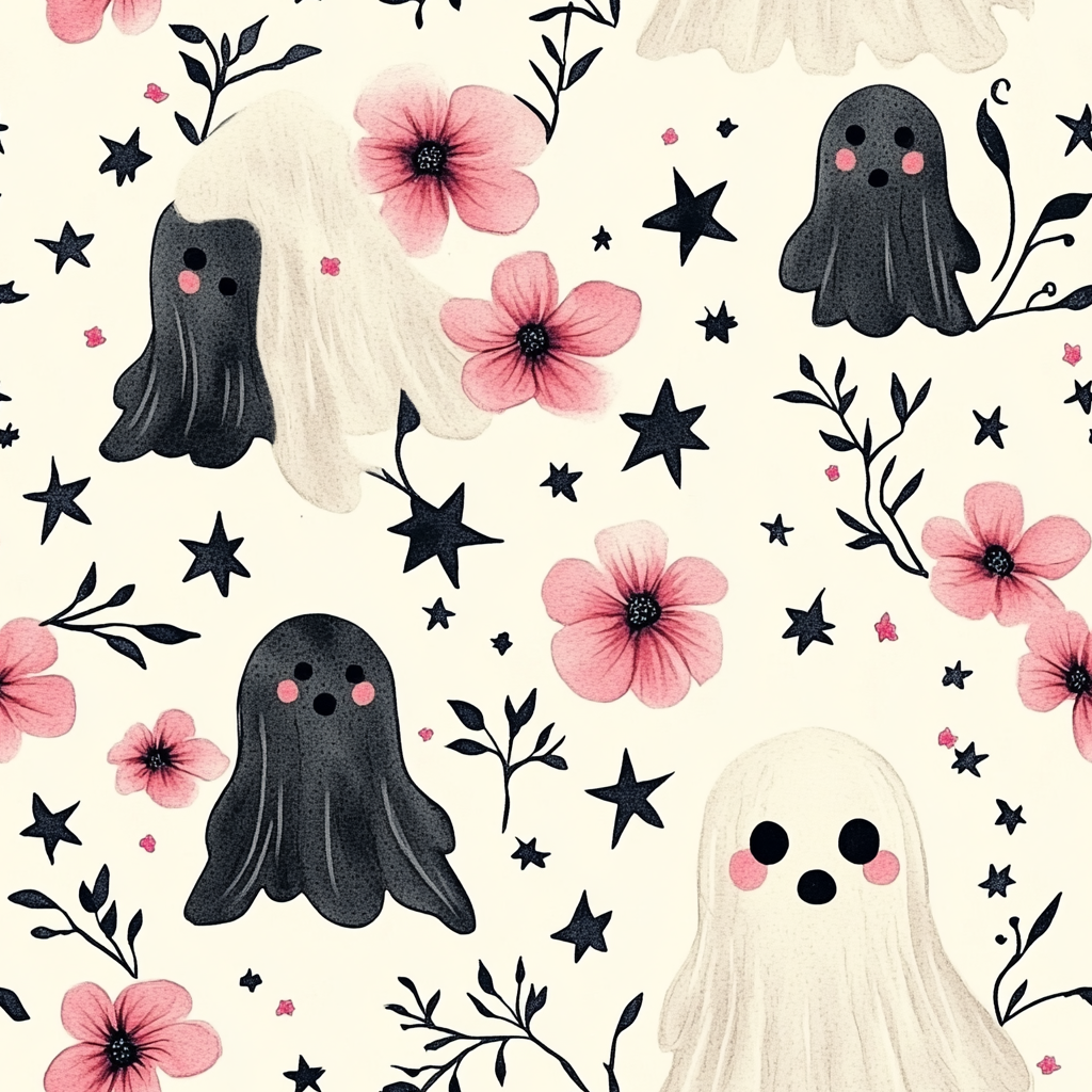 Cute ghost with flowers on head, stars, pink, black.