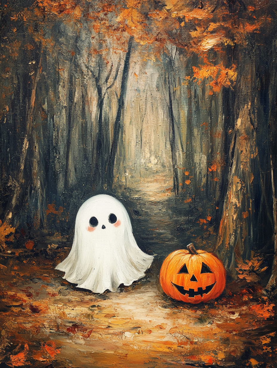 Cute ghost with pumpkin in dark autumn forest, oil painting.