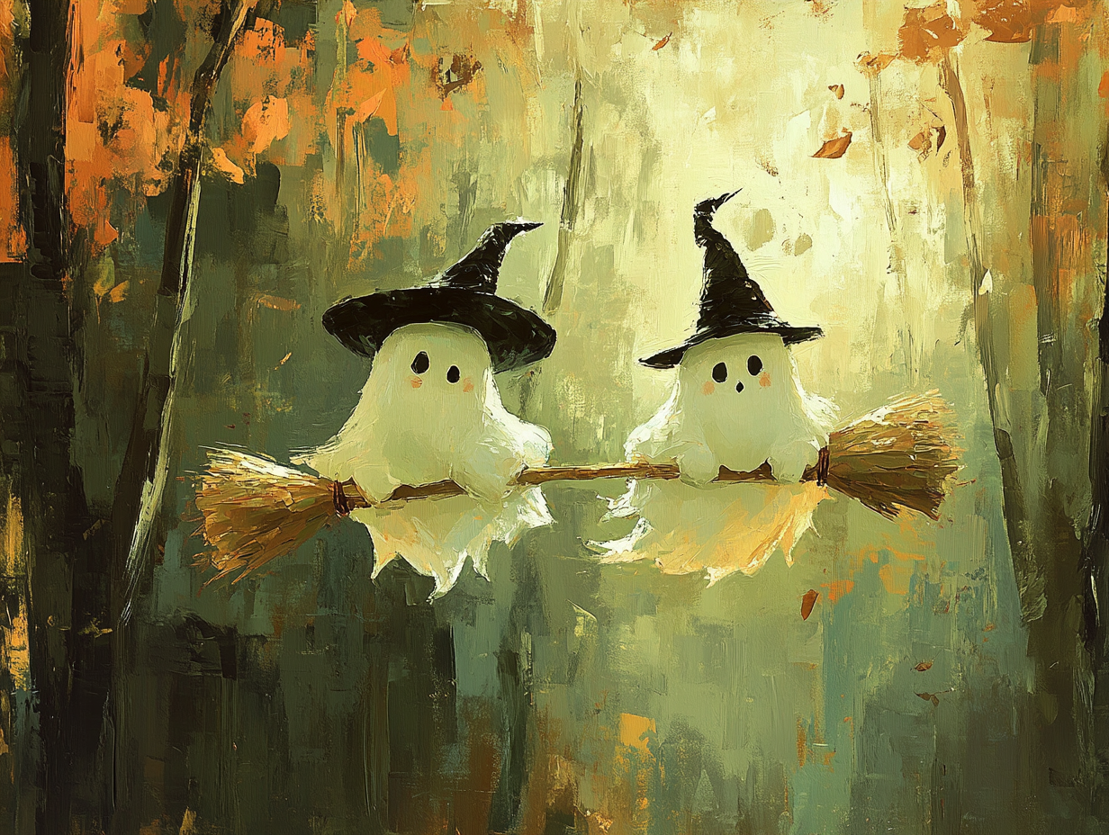 Cute ghosts in witch hats flying on broomstick 