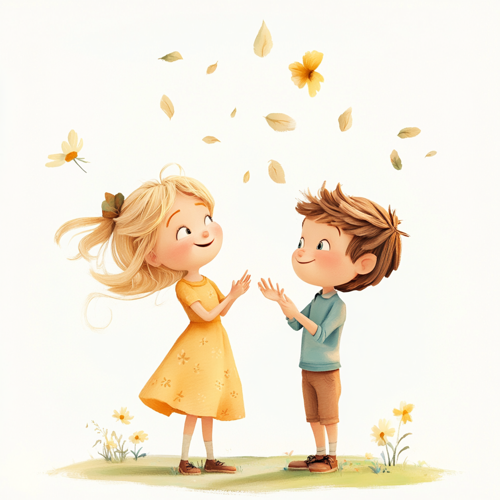 Cute girl and boy talking in spring setting, 3D 